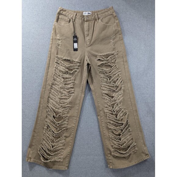 Fashion Nova Jeans Womens 13 Taupe Distressed Ripped Wide Leg Cotton Style TTCB3 - Picture 1 of 16
